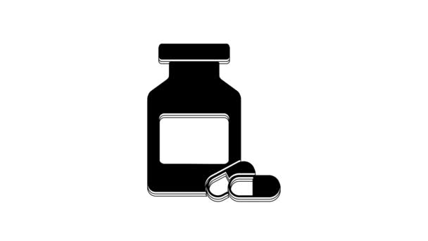白の背景に単離された黒薬瓶と錠剤のアイコン 瓶の丸薬のサイン 薬局の設計 4Kビデオモーショングラフィックアニメーション — ストック動画