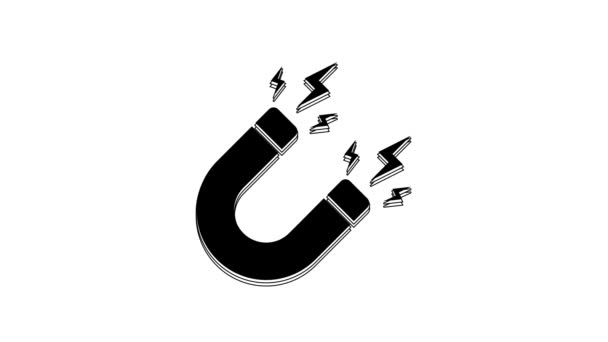 Black Magnet Lightning Icon Isolated White Background Horseshoe Magnet Magnetism — Stock video