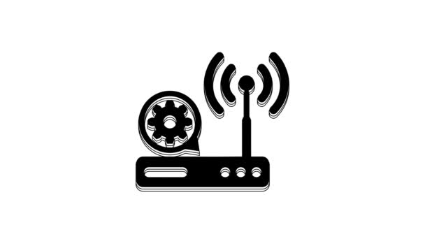 Black Router Signal Gear Icon Isolated White Background Adjusting App — 图库视频影像