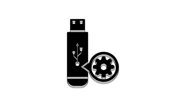 Black Usb Flash Drive Gear Icon Isolated White Background Adjusting — Stock Video