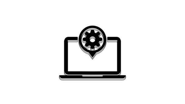 黑色笔记本电脑和齿轮图标隔离在白色背景 笔记本电脑服务的概念 调整应用程序 设置选项 4K视频运动图形动画 — 图库视频影像