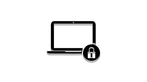 Czarny Laptop Ikona Blokady Izolowane Białym Tle Komputer Kłódka Ochrona — Wideo stockowe