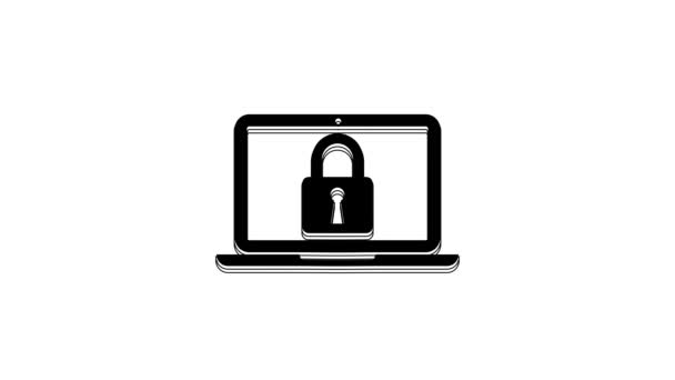 黑色笔记本电脑和锁图标隔离在白色背景 电脑和挂锁安保 保护概念 安全的互联网 4K视频运动图形动画 — 图库视频影像