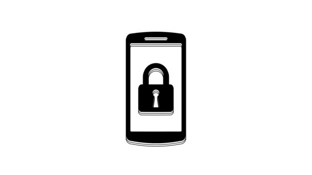 黑色智能手机 闭锁图标 白色背景隔离 有锁的电话流动安保 保护概念 4K视频运动图形动画 — 图库视频影像
