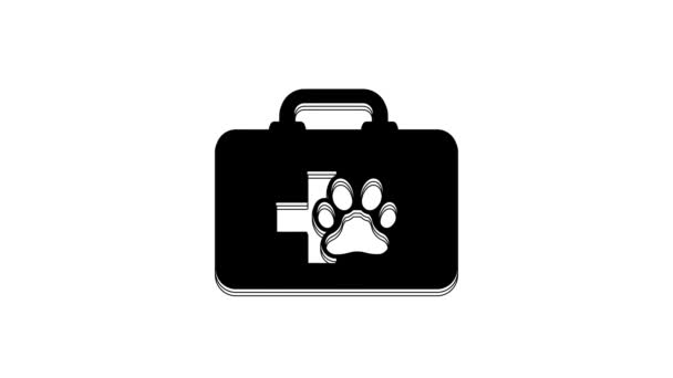 黑色宠物急救箱图标隔离在白色背景 狗爪或猫爪印 诊所的盒子4K视频运动图形动画 — 图库视频影像