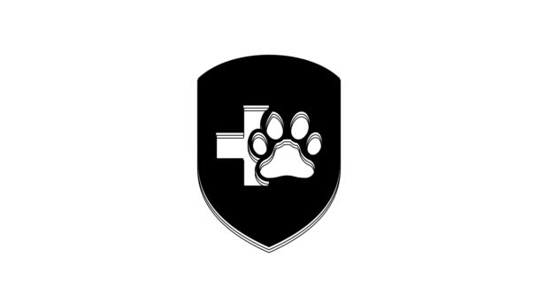 白い背景に隔離された黒動物健康保険アイコン ペット保護アイコン 犬や猫の足のプリント 4Kビデオモーショングラフィックアニメーション — ストック動画