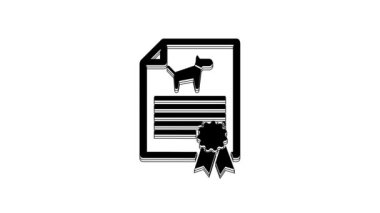 Beyaz arka planda köpek ya da kedi ikonu olan siyah tıbbi seyahat sertifikası. Evcil hayvan için belge. Köpek ya da kedi pençesi izi. 4K Video hareketli grafik canlandırması.