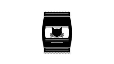 Black Bag of food for cat icon isolated on white background. Food for animals. Pet food package. 4K Video motion graphic animation.