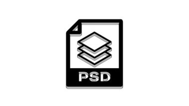 Siyah PSD dosya belgesi. Beyaz arkaplanda psd simgesi indir. PSD dosya sembolü. 4K Video hareketli grafik canlandırması.