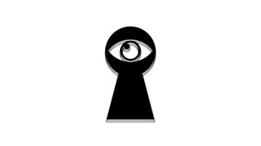 Black Keyhole with eye icon isolated on white background. The eye looks into the keyhole. Keyhole eye hole. 4K Video motion graphic animation.