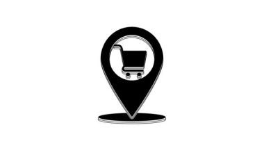 Black Map pointer with shopping cart icon isolated on white background. Pin point shop and shopping. Supermarket basket symbol. 4K Video motion graphic animation.