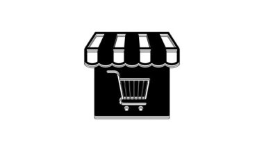 Black Shopping building or market store with shopping cart icon isolated on white background. Shop construction. Supermarket basket symbol. 4K Video motion graphic animation.