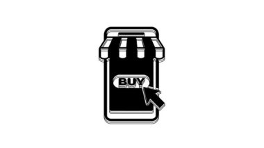 Black Mobile phone and shopping cart with striped awning icon isolated on white background. Online buying symbol. Supermarket basket symbol. 4K Video motion graphic animation.