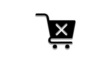 Black Remove shopping cart icon isolated on white background. Online buying concept. Delivery service sign. Supermarket basket and X mark. 4K Video motion graphic animation.