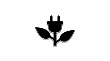 Beyaz arkaplanda siyah elektrik kaydedilen yaprak simgesi. Enerji tasarrufu ikonu. Çevre koruma ikonu. Biyolojik enerji. 4K Video hareketli grafik canlandırması.