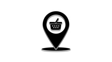 Black Map pointer with shopping basket icon isolated on white background. Pin point shop and shopping. Supermarket basket symbol. 4K Video motion graphic animation.