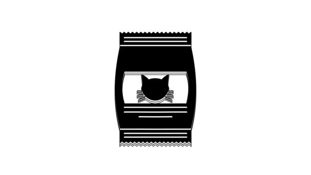 白い背景に隔離された猫のアイコンのための食品の黒袋 動物のための食品 ペットフードのパッケージ 4Kビデオモーショングラフィックアニメーション — ストック動画