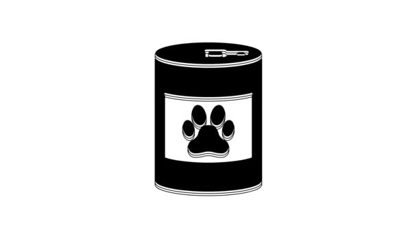 黒缶詰食品のアイコンは白の背景に隔離されています 動物のための食品 ペットフードは 犬や猫の足のプリント 4Kビデオモーショングラフィックアニメーション — ストック動画