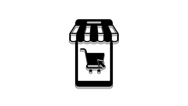 Black Mobile Phone Shopping Cart Striped Awning Icon Isolated White — ストック動画