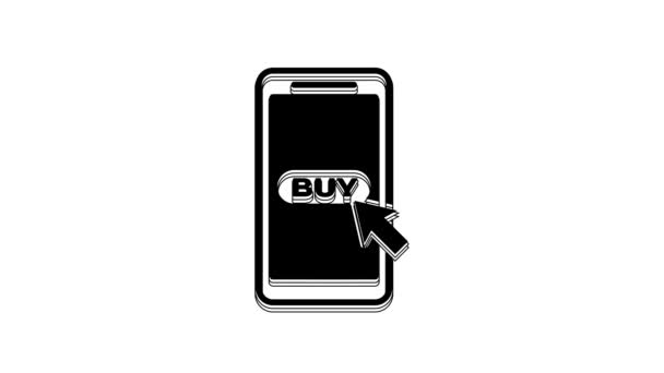 ブラック携帯電話とショッピングカートのアイコンは白い背景に隔離されています オンライン購入記号 スーパーマーケットバスケットのシンボル 4Kビデオモーショングラフィックアニメーション — ストック動画