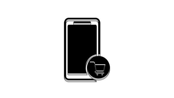 Svart Mobiltelefon Och Kundvagn Ikon Isolerad Vit Bakgrund Onlineköp Symbol — Stockvideo