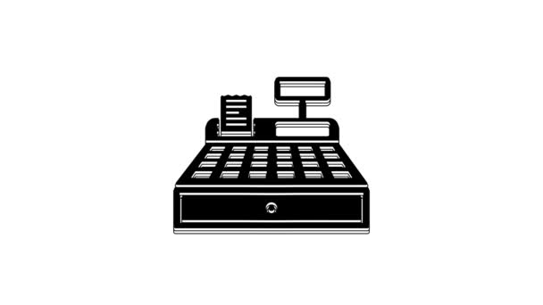 黑色收银机 具有独立于白色背景的检查图标 出纳员签名Cashbox符号 4K视频运动图形动画 — 图库视频影像