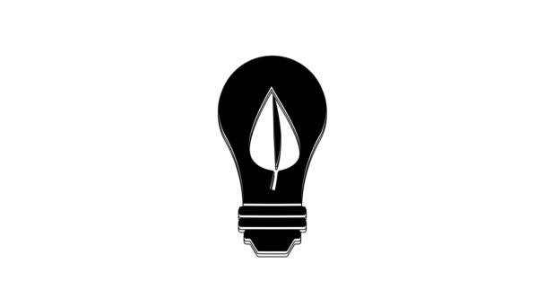 Svart Glödlampa Med Blad Ikon Isolerad Vit Bakgrund Miljöenergikoncept Begreppet — Stockvideo