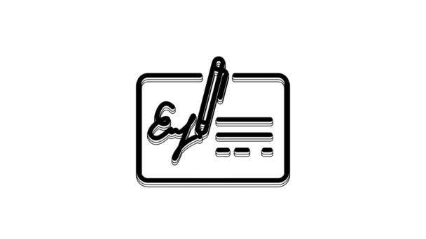 Black Signed Document Line Icon Isolated White Background Pen Signing — Stock video