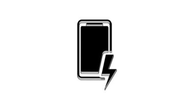 Black Smartphone charging battery icon isolated on white background. Phone with a low battery charge. 4K Video motion graphic animation.