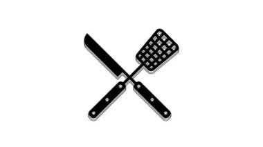 Black Crossed knife and spatula icon isolated on white background. BBQ knife and spatula sign. Barbecue and grill tools. 4K Video motion graphic animation.