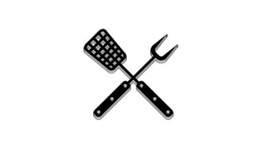 Black Crossed fork and spatula icon isolated on white background. BBQ fork and spatula sign. Barbecue and grill tools. 4K Video motion graphic animation.