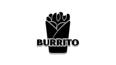 Siyah Burrito simgesi beyaz arkaplanda izole edildi. Geleneksel Meksika fast food 'u. 4K Video hareketli grafik canlandırması.