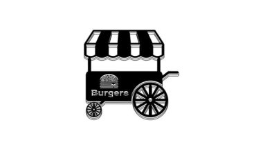 Black Fast street food cart with awning icon isolated on white background. Burger or hamburger icon. Urban kiosk. 4K Video motion graphic animation.