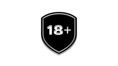 Black Shield with inscription 18 plus icon isolated on white background. Adults content only. Protection, safety, security, protect concept. 4K Video motion graphic animation.