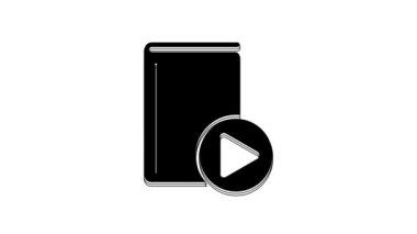 Black Audio book icon isolated on white background. Play button and book. Audio guide sign. Online learning concept. 4K Video motion graphic animation.
