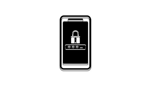 Svart Mobiltelefon Och Lösenord Skydd Ikon Isolerad Vit Bakgrund Säkerhet — Stockvideo