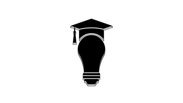 黑色灯泡和毕业帽图标隔离在白色背景上 大学教育概念 4K视频运动图形动画 — 图库视频影像