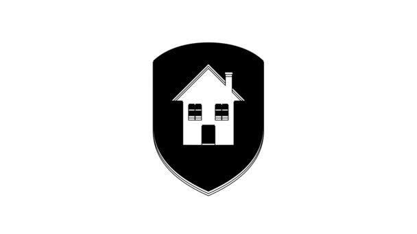 Black House Pod Ochranou Ikona Izolované Bílém Pozadí Domov Štít — Stock video