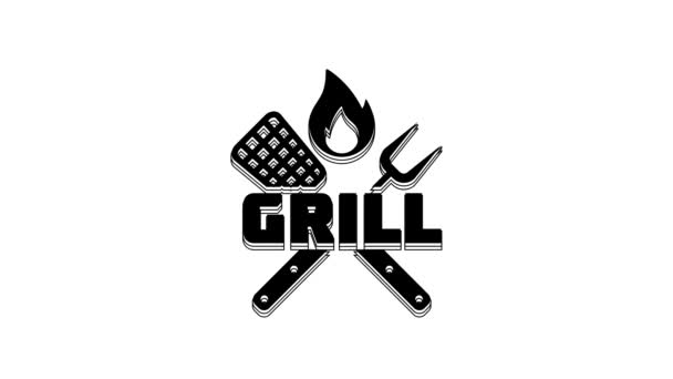 Black Crossed Fork Spatula Icon Isolated White Background Fire Flame — Wideo stockowe