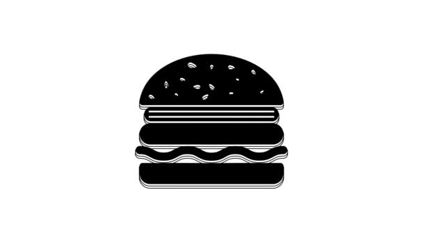 白い背景に黒バーガーのアイコンが隔離されています ハンバーガーのアイコン チーズバーガーのサンドイッチの看板 4Kビデオモーショングラフィックアニメーション — ストック動画