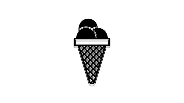 白色背景上孤立的华夫饼锥形图标中的黑色冰淇淋 甜蜜的象征 4K视频运动图形动画 — 图库视频影像