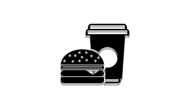 Czarna Kawa Ikona Burger Izolowane Białym Tle Symbol Fast Foodów — Wideo stockowe