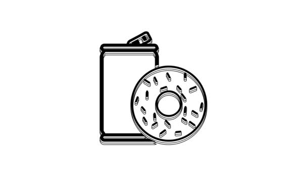 黑色铝可以在白色背景上隔离苏打水和甜甜圈图标 快餐的象征 4K视频运动图形动画 — 图库视频影像