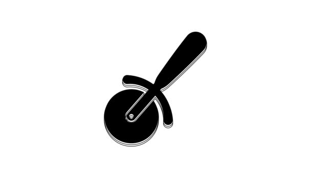 白を基調とした黒ピザナイフのアイコン ピザカッターの看板 鋼の台所用品 4Kビデオモーショングラフィックアニメーション — ストック動画