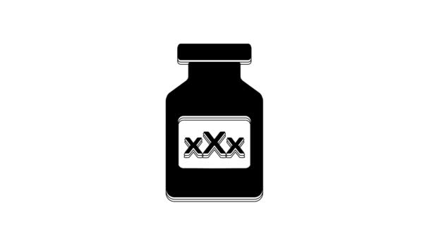 Черная Бутылка Медицины Таблетками Потенции Афродизиак Значок Изолирован Белом Фоне — стоковое видео