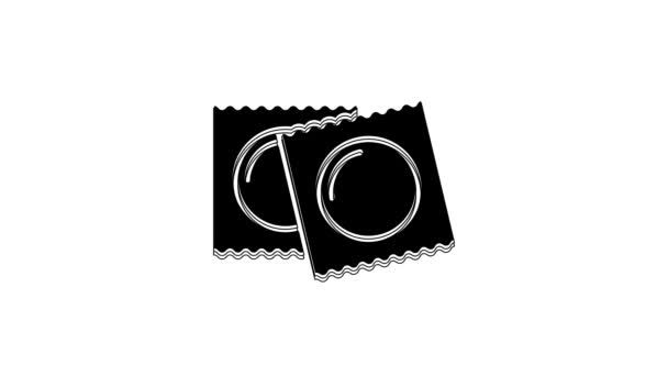白の背景に隔離されたパッケージの安全なセックスアイコンの黒コンドーム 安全な愛のシンボル 男性のための避妊法 4Kビデオモーショングラフィックアニメーション — ストック動画