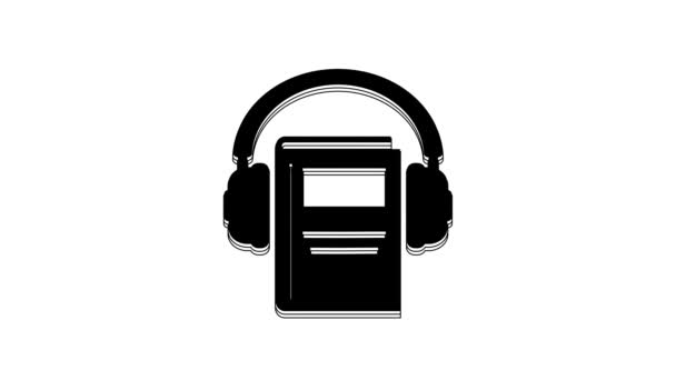 Піктограма Чорної Аудіокниги Ізольована Білому Тлі Забронювати Навушниками Знак Аудіогіда — стокове відео