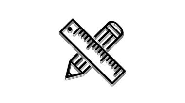 Black Crossed ruler and pencil icon isolated on white background. Straightedge symbol. Drawing and educational tools. 4K Video motion graphic animation.