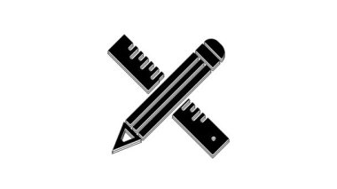 Black Crossed ruler and pencil icon isolated on white background. Straightedge symbol. Drawing and educational tools. 4K Video motion graphic animation.