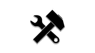 Black Crossed hammer and wrench icon isolated on white background. Hardware tools. 4K Video motion graphic animation.